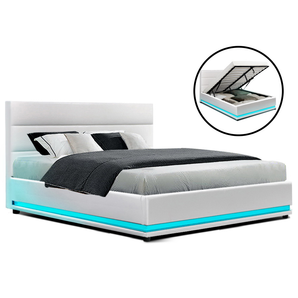 Artiss Lumi Led Bed Frame Pu Leather, White Queen Leather Bed